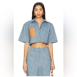 NWT Revolve ALEXIS
Brook Top Blue Cropped Button-Up Shirt with Tan Pocket